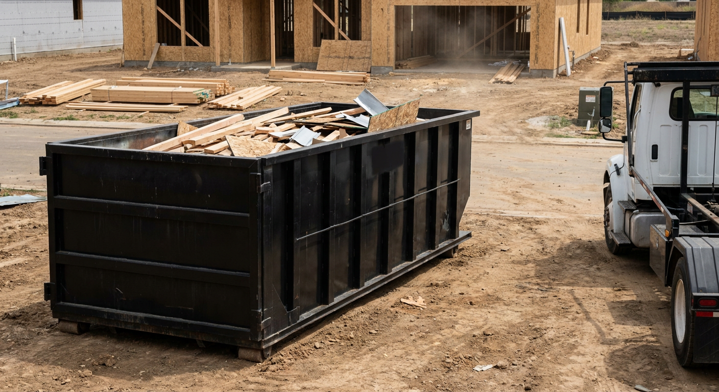Matte-black 20-yard roll-off construction dumpster with heavy ribbed steel sidewalls and swing rear doors at a working jobsite in Omaha, sitting directly on compacted dirt with an unmarked white hauler partially visible at the far edge of the frame.