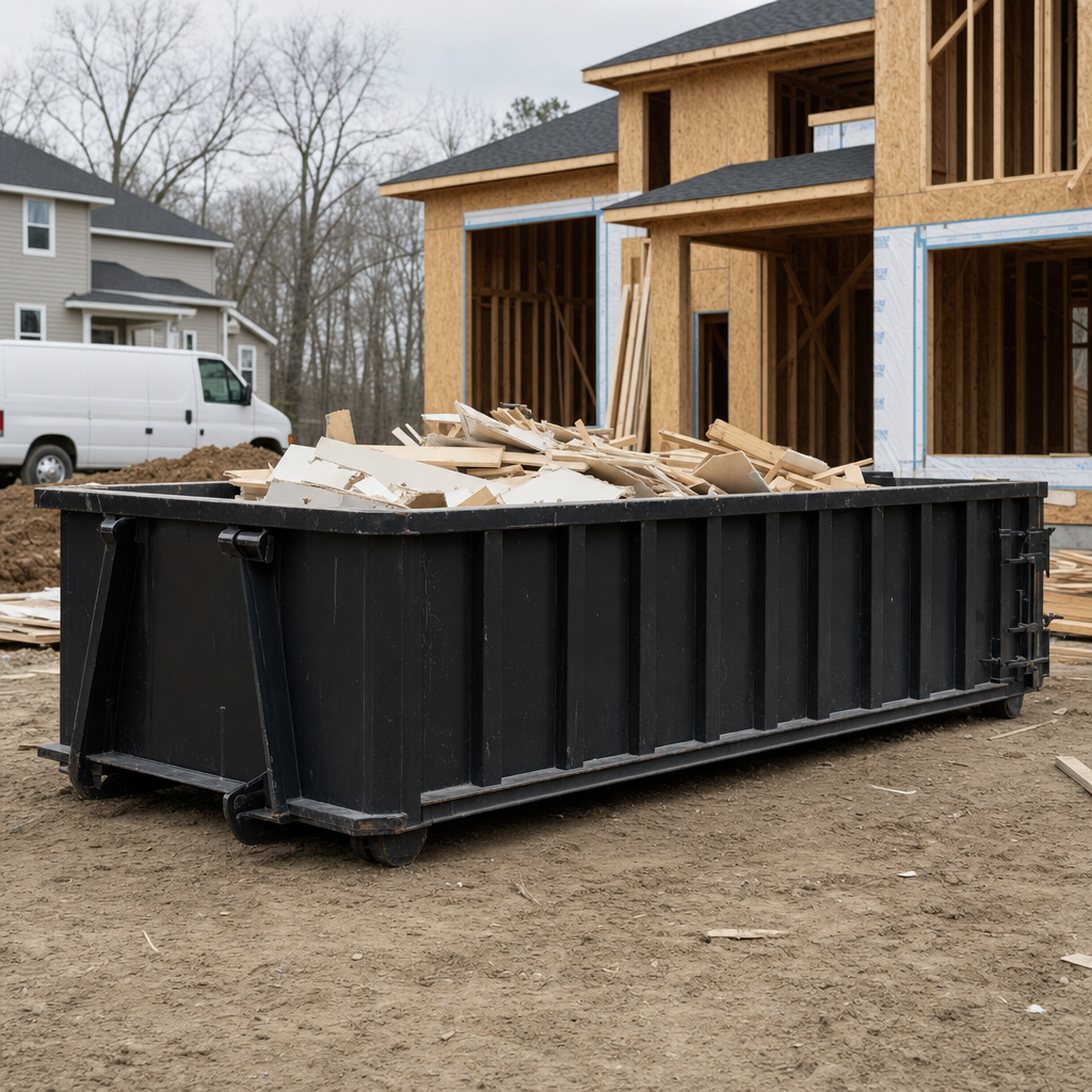 Worker in a yellow high-visibility vest tossing framing lumber and broken drywall into a matte-black 30-yard construction roll-off dumpster on an active build site in Omaha, bright daylight