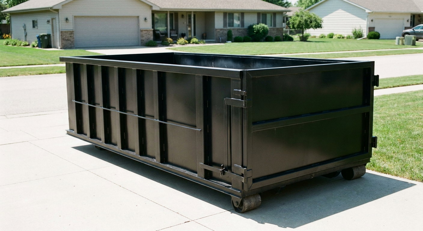 Matte-black 10-yard roll-off dumpster on a residential concrete driveway in Omaha, uniformly painted matte black across every panel and rail, ribbed steel sidewalls and rear swing door visible, mid-day daylight.