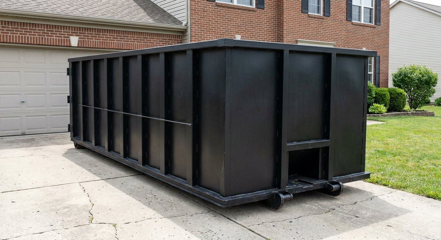 Matte-black 20-yard roll-off container on a Omaha residential concrete driveway with reinforced ribbed steel sidewalls and a hinged rear walk-in door, clean bright daylight.