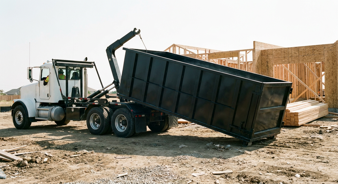 Matte-black roll-off dumpster being delivered onto a clean residential concrete driveway in Omaha by an unmarked white hooklift hauler truck, bright morning daylight, documentary 35mm perspective.