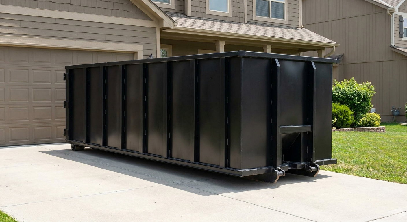 Matte-black residential roll-off dumpster sitting directly on a suburban Omaha concrete driveway, garage door closed, single-family home in background, bright morning daylight.
