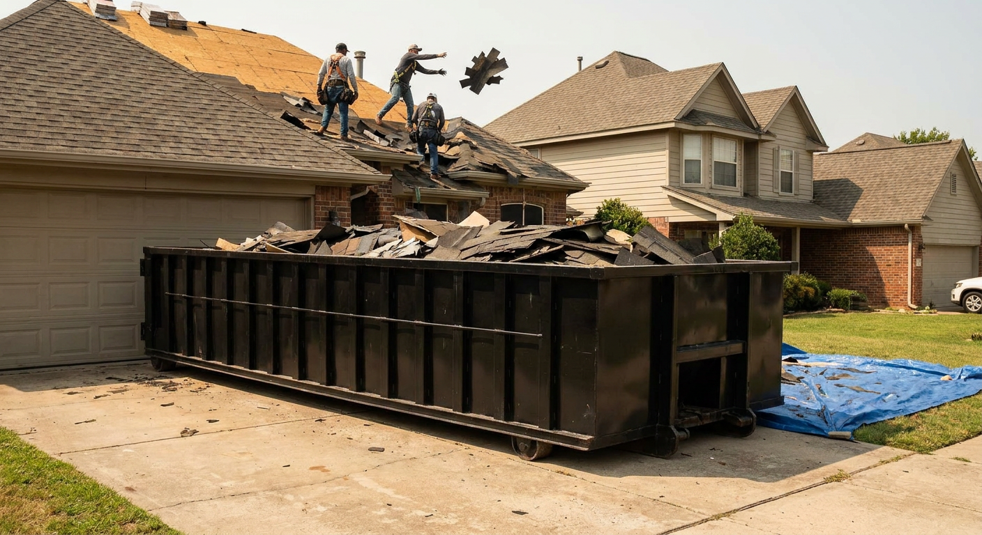 Matte-black roofing roll-off dumpster placed directly on a Omaha residential concrete driveway, a tear-off crew on a two-story asphalt-shingle roof tossing shingle bundles into the low-walled container, bright daylight, documentary 35mm perspective.