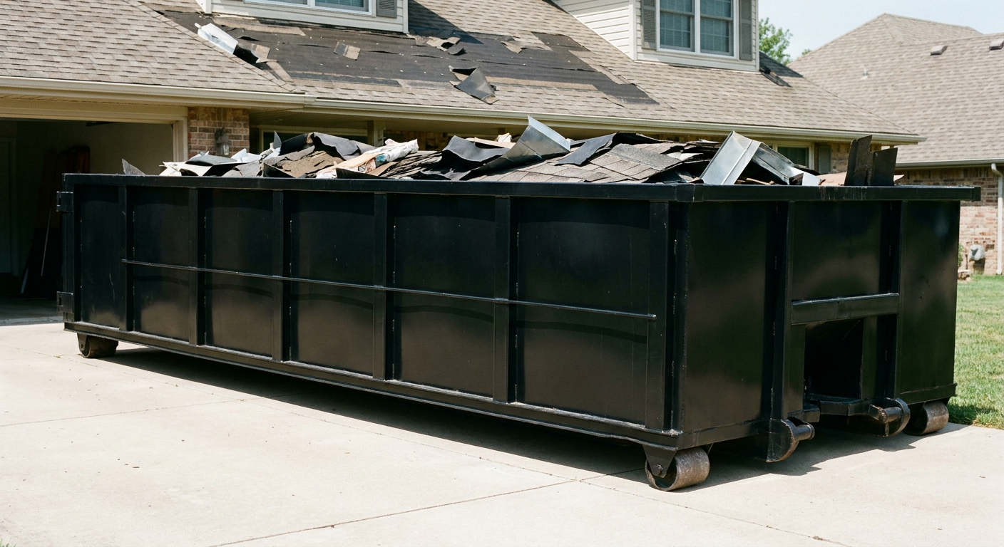Matte-black 20-yard roofing roll-off dumpster with steel ribbed sides and swinging rear door, sitting directly on the concrete driveway of a two-story Omaha home, asphalt shingle debris being loaded over the low wall, clean documentary lighting.