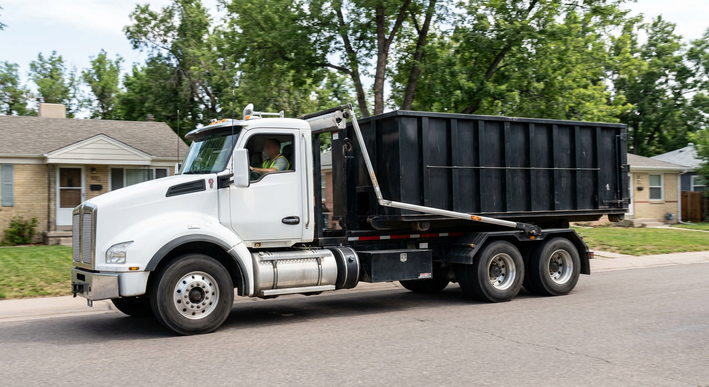 A wide documentary shot of a matte-black roll-off delivery truck pulling onto a quiet Omaha residential street at mid-morning, with neighborhood rooftops and tree-lined blocks visible behind, showing the metro coverage footprint.
