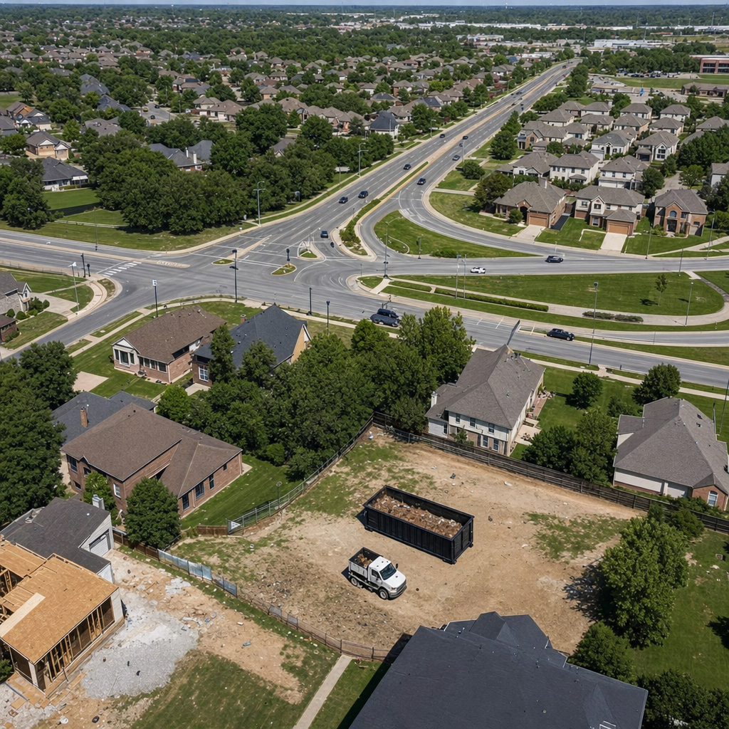 An overhead documentary view of the Omaha metro area at midday, showing the spread of neighborhoods, arterial roads, and the dispatch radius from a central yard — clean daylight, organized geographic layout.