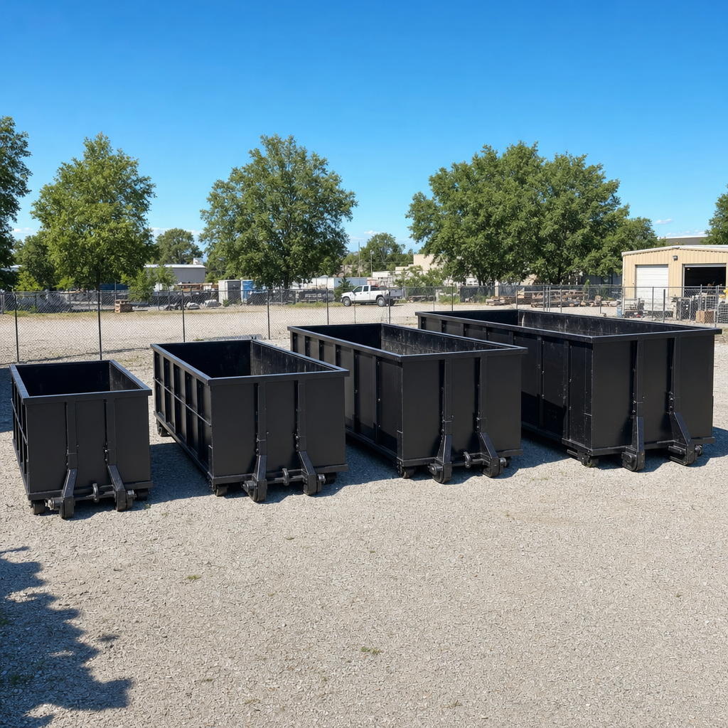 A clean lineup of matte-black roll-off dumpsters in 10, 20, 30, and 40-yard sizes staged on a sunlit gravel yard in Omaha, showing the size progression from compact to commercial-scale containers.