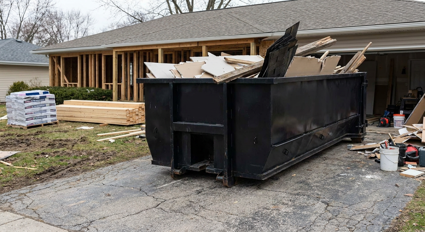 A matte-black 20-yard roll-off dumpster placed alongside a mid-renovation Omaha home directly on the asphalt driveway, with framing materials and torn-off shingles staged neatly nearby.
